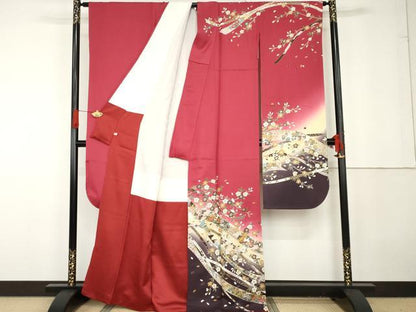 平和屋着物●豪華振袖　駒刺繍　蔓帯枝花文　暈し染め　金銀彩　正絹　逸品　AABG3540cs
