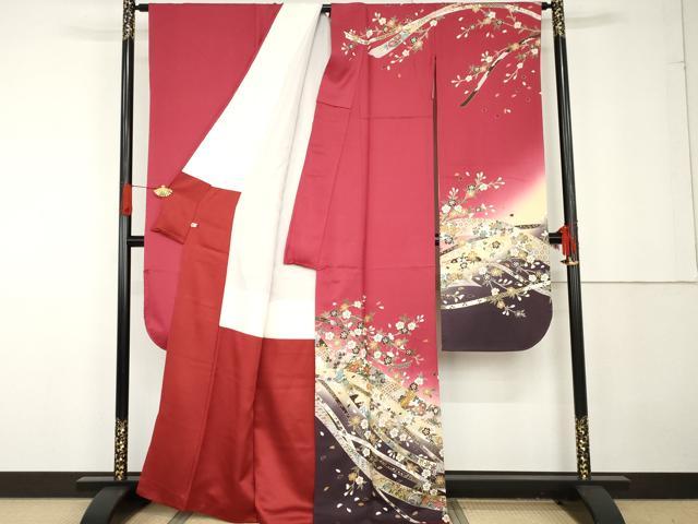 平和屋着物●豪華振袖　駒刺繍　蔓帯枝花文　暈し染め　金銀彩　正絹　逸品　AABG3540cs