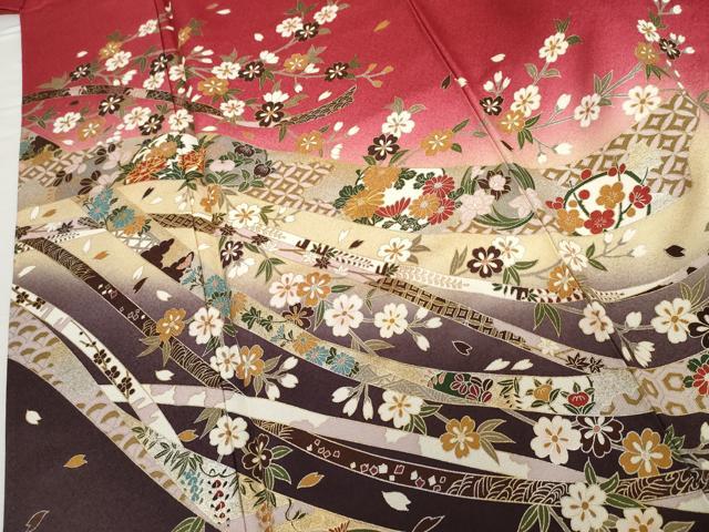 平和屋着物●豪華振袖　駒刺繍　蔓帯枝花文　暈し染め　金銀彩　正絹　逸品　AABG3540cs