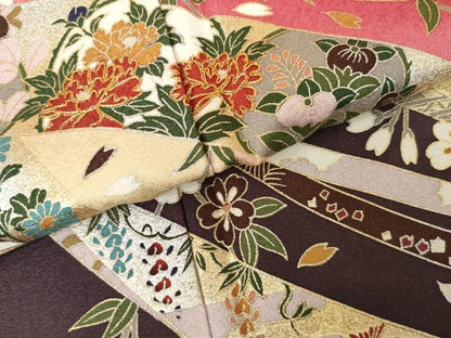 平和屋着物●豪華振袖　駒刺繍　蔓帯枝花文　暈し染め　金銀彩　正絹　逸品　AABG3540cs