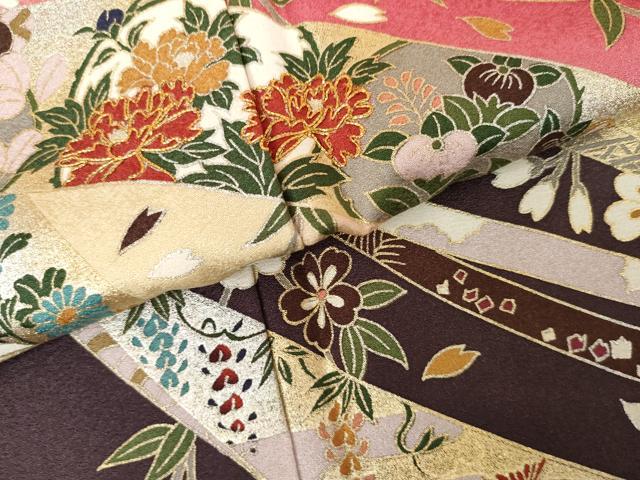 平和屋着物●豪華振袖　駒刺繍　蔓帯枝花文　暈し染め　金銀彩　正絹　逸品　AABG3540cs