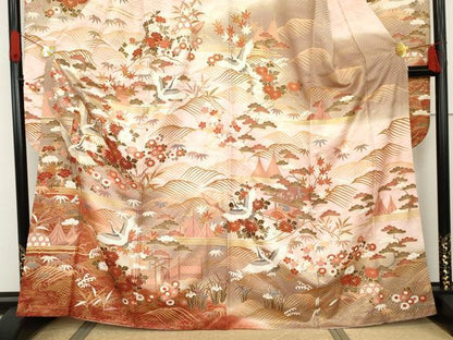平和屋着物●豪華振袖　駒刺繍　立波飛鶴花文　暈し染め　金彩　正絹　逸品　AABG3541cs