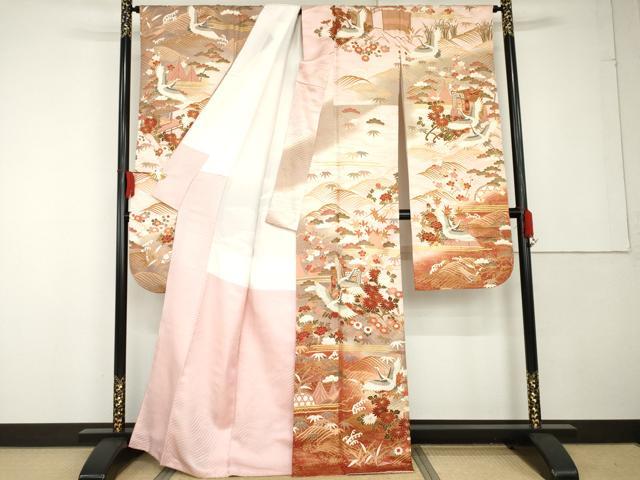 平和屋着物●豪華振袖　駒刺繍　立波飛鶴花文　暈し染め　金彩　正絹　逸品　AABG3541cs