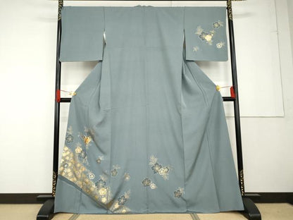 平和屋着物●訪問着　駒刺繍　草花文　金銀彩　正絹　逸品　AABG3547cs
