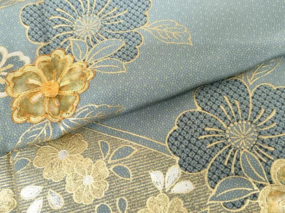 平和屋着物●訪問着　駒刺繍　草花文　金銀彩　正絹　逸品　AABG3547cs