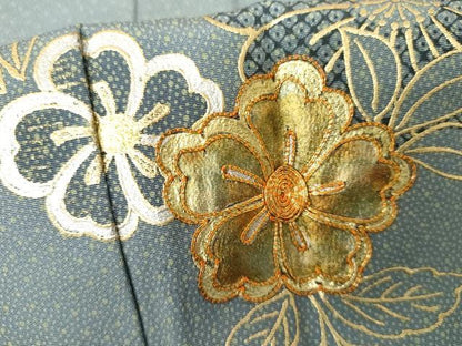 平和屋着物●訪問着　駒刺繍　草花文　金銀彩　正絹　逸品　AABG3547cs