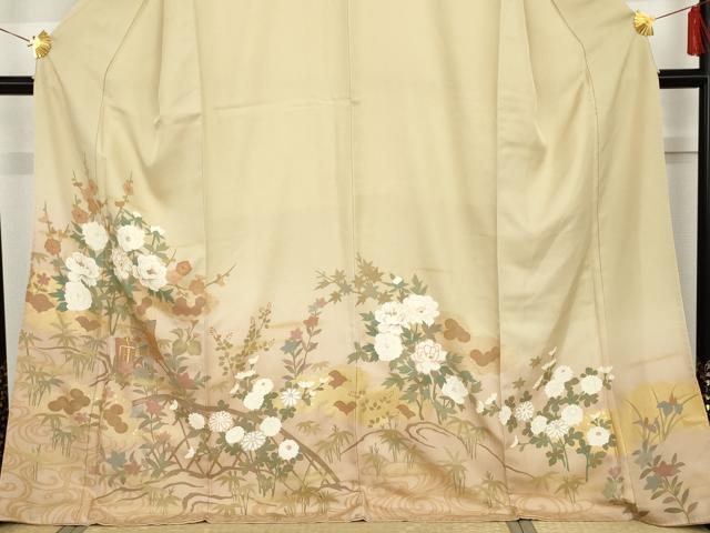 平和屋着物●訪問着　刺繍　流水御所車花文　暈し染め　金糸　金彩　正絹　逸品　AABG3549cs