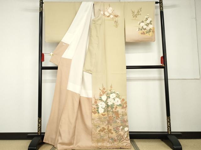 平和屋着物●訪問着　刺繍　流水御所車花文　暈し染め　金糸　金彩　正絹　逸品　AABG3549cs