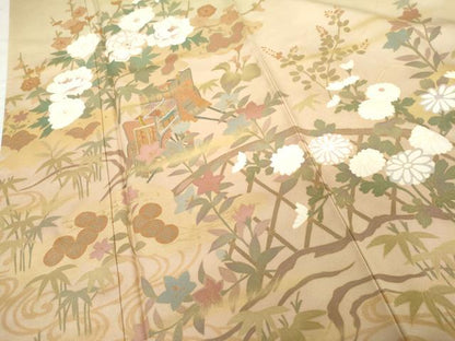 平和屋着物●訪問着　刺繍　流水御所車花文　暈し染め　金糸　金彩　正絹　逸品　AABG3549cs