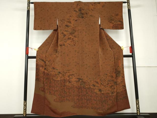平和屋着物●人間国宝・南部芳松の息子 伝統工芸伝承者彫刻・南部幸雄　型染　訪問着　風景吉祥花文　鬼しぼ縮緬　正絹　逸品　AABG3554cs