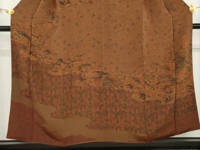 平和屋着物●人間国宝・南部芳松の息子 伝統工芸伝承者彫刻・南部幸雄　型染　訪問着　風景吉祥花文　鬼しぼ縮緬　正絹　逸品　AABG3554cs