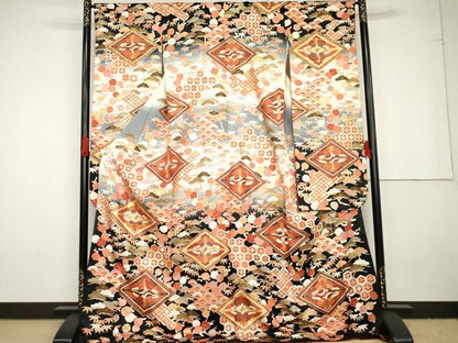 平和屋着物●豪華振袖　駒刺繍　双鶴松竹梅文　暈し染め　金彩　正絹　逸品　AABG3578cs