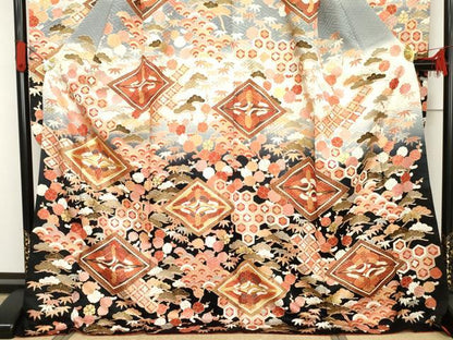 平和屋着物●豪華振袖　駒刺繍　双鶴松竹梅文　暈し染め　金彩　正絹　逸品　AABG3578cs