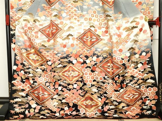 平和屋着物●豪華振袖　駒刺繍　双鶴松竹梅文　暈し染め　金彩　正絹　逸品　AABG3578cs