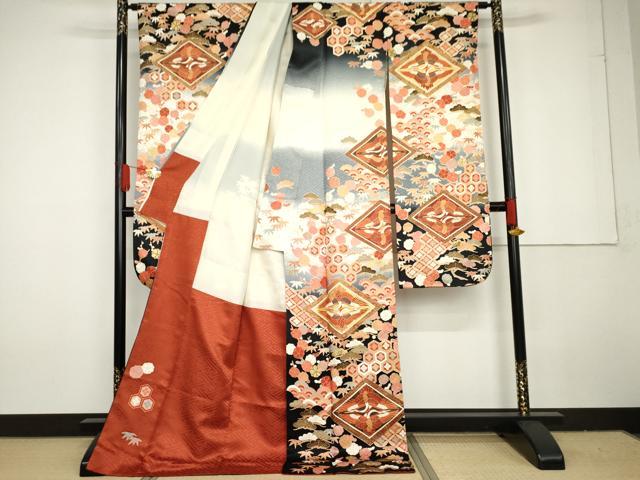 平和屋着物●豪華振袖　駒刺繍　双鶴松竹梅文　暈し染め　金彩　正絹　逸品　AABG3578cs