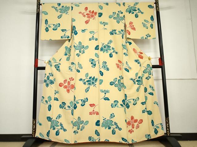 平和屋着物●上質な小紋　ろうけつ染　更紗花文　正絹　逸品　AABG3583cs