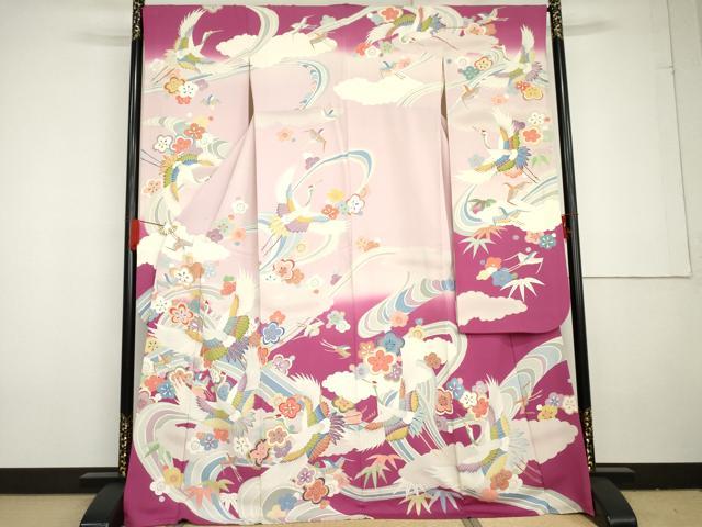 平和屋着物●豪華振袖　友禅　花鳥笹梅文　暈し染め　正絹　逸品　AABG3588cs