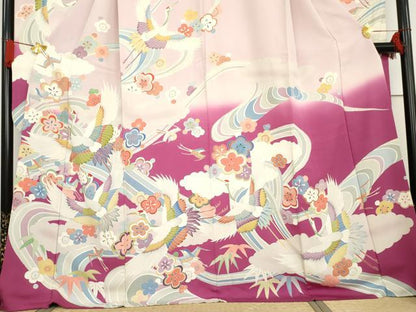 平和屋着物●豪華振袖　友禅　花鳥笹梅文　暈し染め　正絹　逸品　AABG3588cs