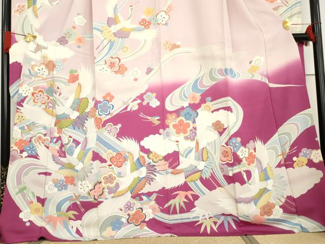 平和屋着物●豪華振袖　友禅　花鳥笹梅文　暈し染め　正絹　逸品　AABG3588cs