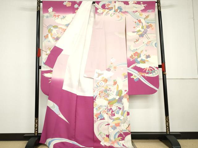 平和屋着物●豪華振袖　友禅　花鳥笹梅文　暈し染め　正絹　逸品　AABG3588cs