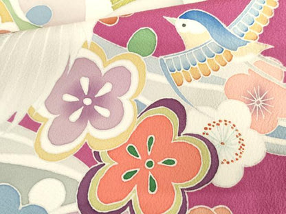 平和屋着物●豪華振袖　友禅　花鳥笹梅文　暈し染め　正絹　逸品　AABG3588cs