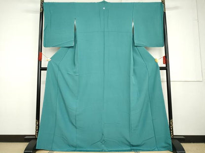 平和屋着物●上質な色無地　青緑色　ロング丈　正絹　逸品　未使用　AABG3590cs