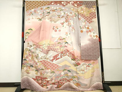 平和屋着物●豪華振袖　友禅　作家物　飛鶴梅松花文　暈し染め　金彩　正絹　逸品　AABG3594cs