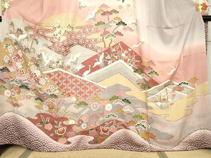 平和屋着物●豪華振袖　友禅　作家物　飛鶴梅松花文　暈し染め　金彩　正絹　逸品　AABG3594cs