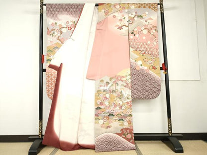 平和屋着物●豪華振袖　友禅　作家物　飛鶴梅松花文　暈し染め　金彩　正絹　逸品　AABG3594cs