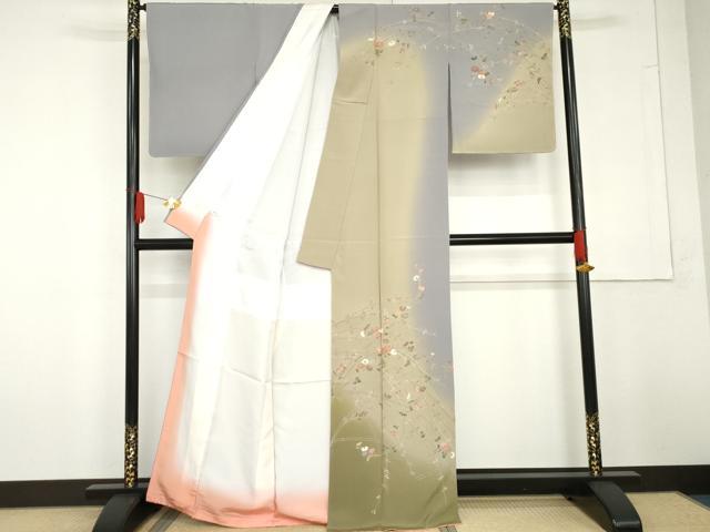 平和屋着物●訪問着　友禅　枝花文　暈し染め　正絹　逸品　AABG3606cs