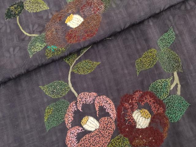 平和屋着物●アンティーク　大正ロマン　訪問着　刺繍　椿　正絹　逸品　AABG3612cs