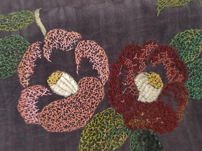 平和屋着物●アンティーク　大正ロマン　訪問着　刺繍　椿　正絹　逸品　AABG3612cs