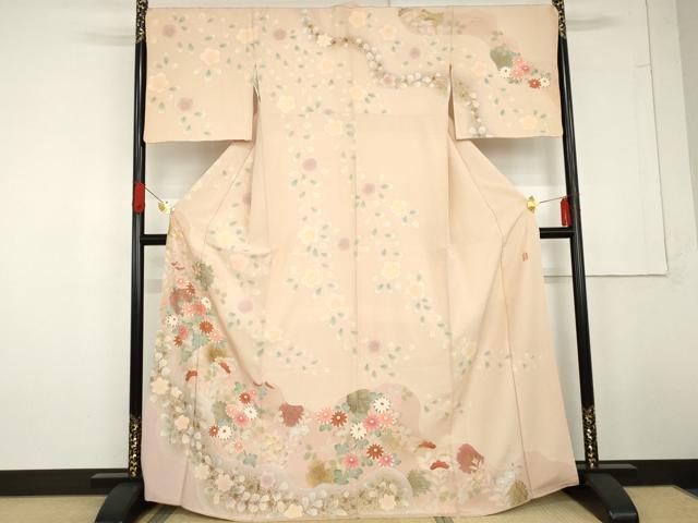 平和屋着物●訪問着　友禅　駒刺繍　慶彩小袖　雪輪枝花文　金彩　正絹　逸品　AABG3614cs