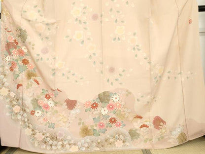 平和屋着物●訪問着　友禅　駒刺繍　慶彩小袖　雪輪枝花文　金彩　正絹　逸品　AABG3614cs