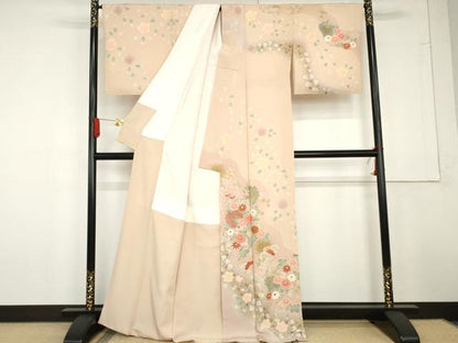 平和屋着物●訪問着　友禅　駒刺繍　慶彩小袖　雪輪枝花文　金彩　正絹　逸品　AABG3614cs