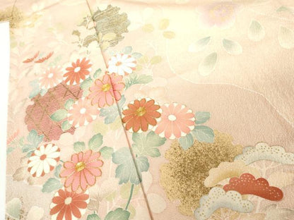 平和屋着物●訪問着　友禅　駒刺繍　慶彩小袖　雪輪枝花文　金彩　正絹　逸品　AABG3614cs