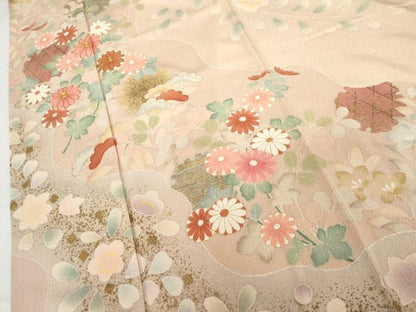 平和屋着物●訪問着　友禅　駒刺繍　慶彩小袖　雪輪枝花文　金彩　正絹　逸品　AABG3614cs