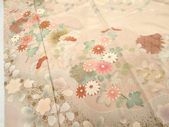 平和屋着物●訪問着　友禅　駒刺繍　慶彩小袖　雪輪枝花文　金彩　正絹　逸品　AABG3614cs