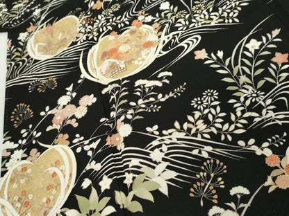 平和屋着物●訪問着　駒刺繍　流水吉祥草花文　黒地　金彩　正絹　逸品　AABG3622cs