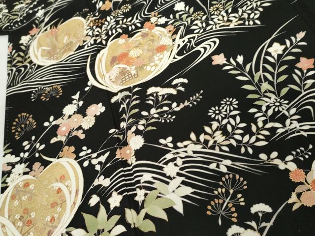 平和屋着物●訪問着　駒刺繍　流水吉祥草花文　黒地　金彩　正絹　逸品　AABG3622cs