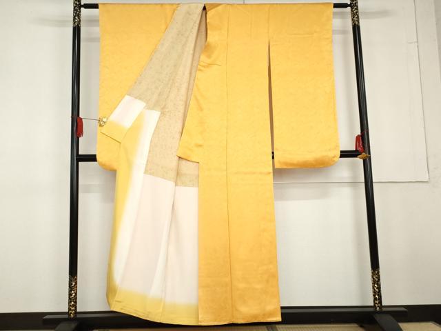 平和屋着物●豪華振袖　扇面尽くし地紋　色無地　山吹色　正絹　逸品　AABG3631cs