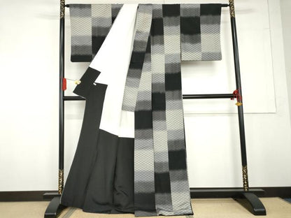 平和屋着物●お召　変わり市松　正絹　逸品　AABG3635cs