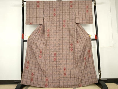 平和屋着物●上質な紬　絞り　菱格子　正絹　逸品　AABG3636cs