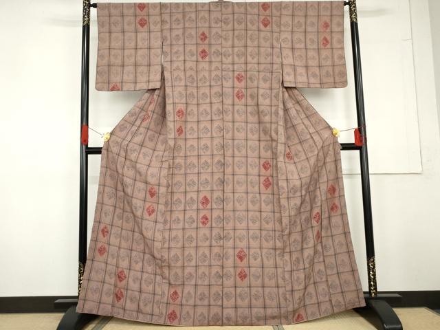 平和屋着物●上質な紬　絞り　菱格子　正絹　逸品　AABG3636cs