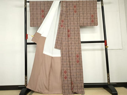 平和屋着物●上質な紬　絞り　菱格子　正絹　逸品　AABG3636cs