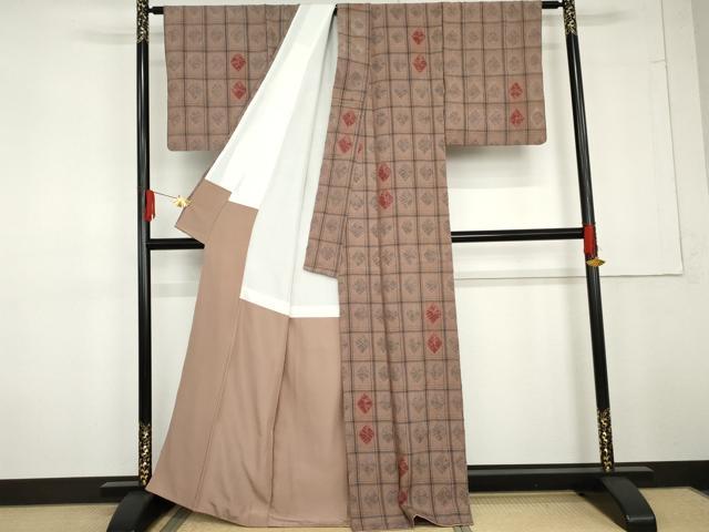平和屋着物●上質な紬　絞り　菱格子　正絹　逸品　AABG3636cs