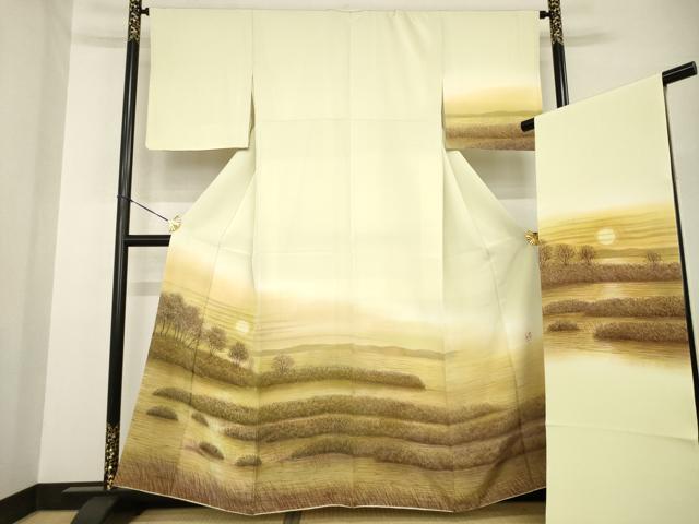 平和屋着物●樋熊哲也　訪問着　辻が花　絞り　手描き　訪問着・袋帯セット　夕日　浜ちりめん　反端付き　正絹　逸品　AABG3647ck