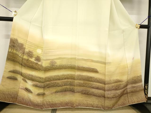 平和屋着物●樋熊哲也　訪問着　辻が花　絞り　手描き　訪問着・袋帯セット　夕日　浜ちりめん　反端付き　正絹　逸品　AABG3647ck