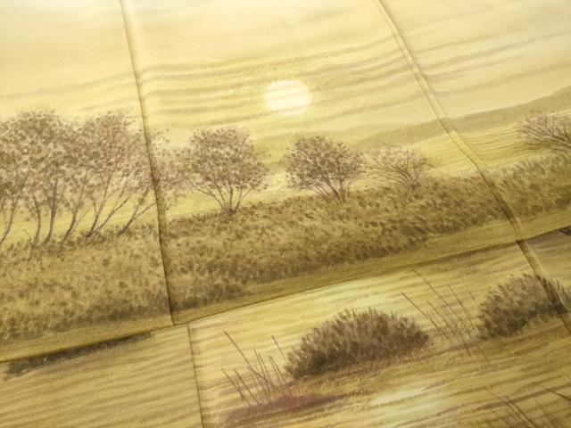 平和屋着物●樋熊哲也　訪問着　辻が花　絞り　手描き　訪問着・袋帯セット　夕日　浜ちりめん　反端付き　正絹　逸品　AABG3647ck