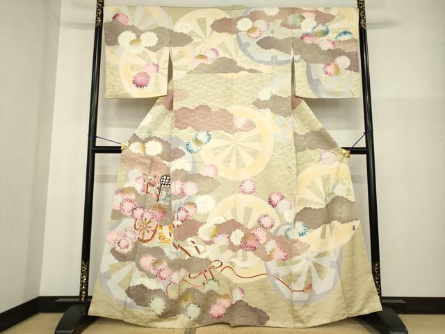 平和屋着物●訪問着　友禅　作家物　御所車花文　正絹　逸品　AABG3659ck